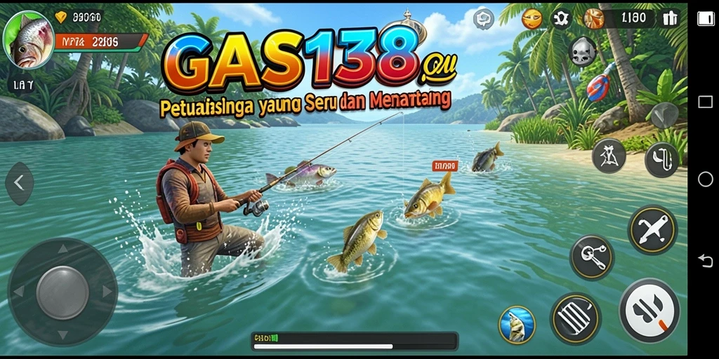 Screenshot utama gameplay GAS138 yang menampilkan aksi memancing yang seru.