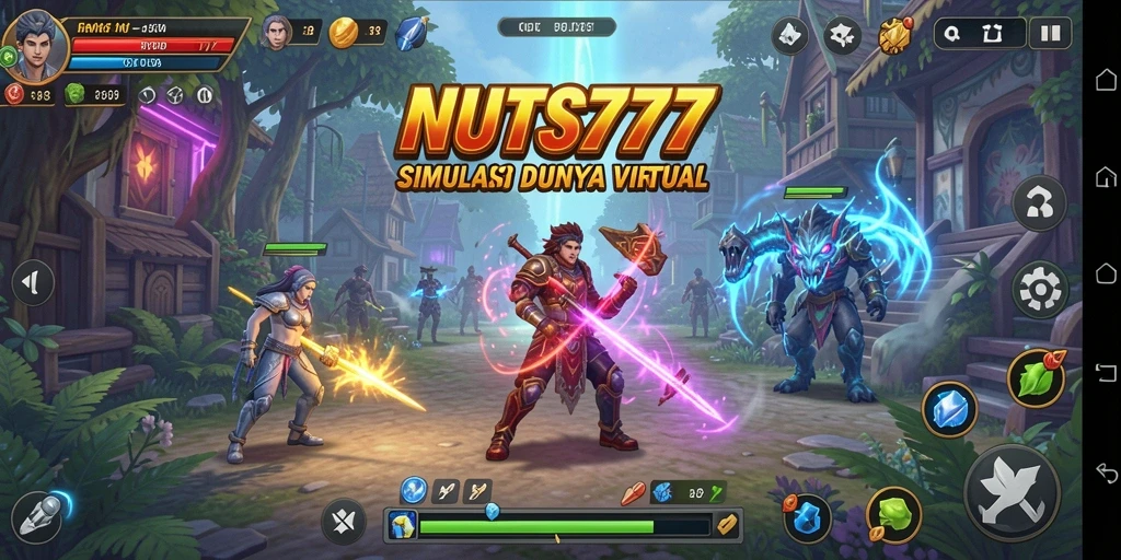 Tangkapan layar gameplay NUTS777 yang menampilkan dunia virtual yang dinamis.