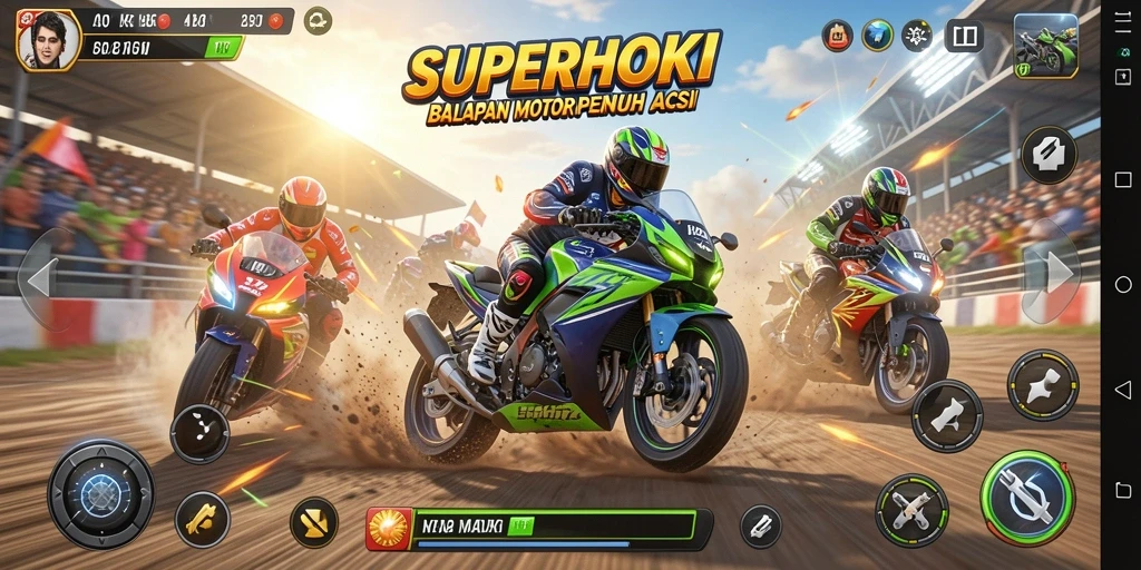 Tangkapan layar gameplay SUPERHOKI yang menampilkan aksi balapan motor yang mendebarkan.