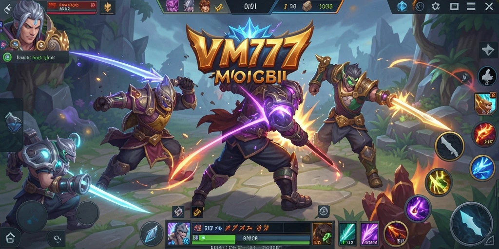 Screenshot gameplay epik dari VM777 yang menunjukkan pertarungan MOBA.