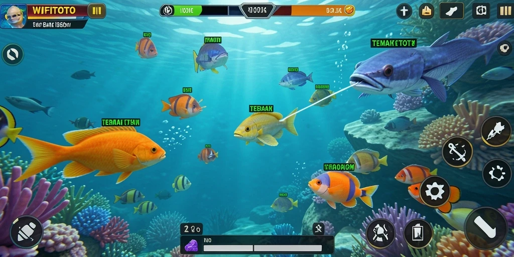 Tampilan gameplay seru WIFITOTO saat menembak ikan di bawah laut.