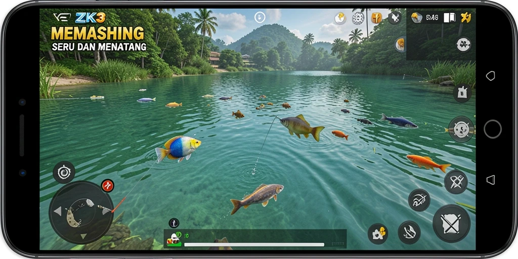 Screenshot utama ZK3 menampilkan gameplay memancing yang mendebarkan.